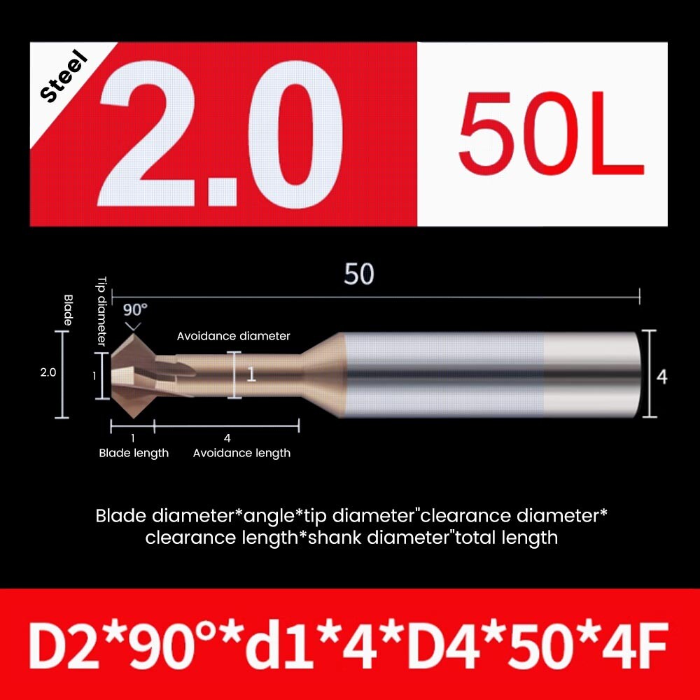 90° Chamfering Cutter for Steel and Aluminum, Tungsten Steel End Mill, Carbide, 3-Flute, Straight Groove, CNC Machining Center, High-Gloss