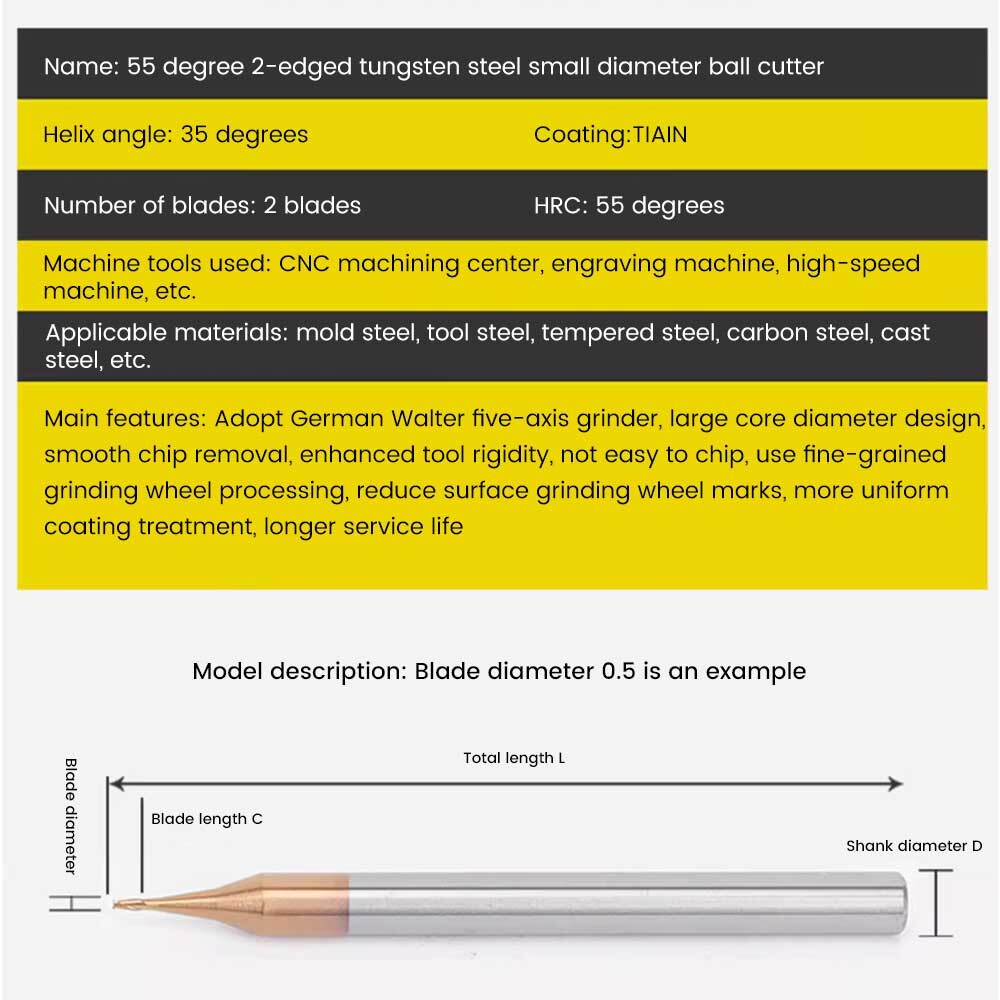 55° Tungsten Steel Carbide Coated Micro-Diameter End Mill, Flat Bottom, Ball Nose, Round Head, Spherical End Mill, Ball Cutter, 2-Flute