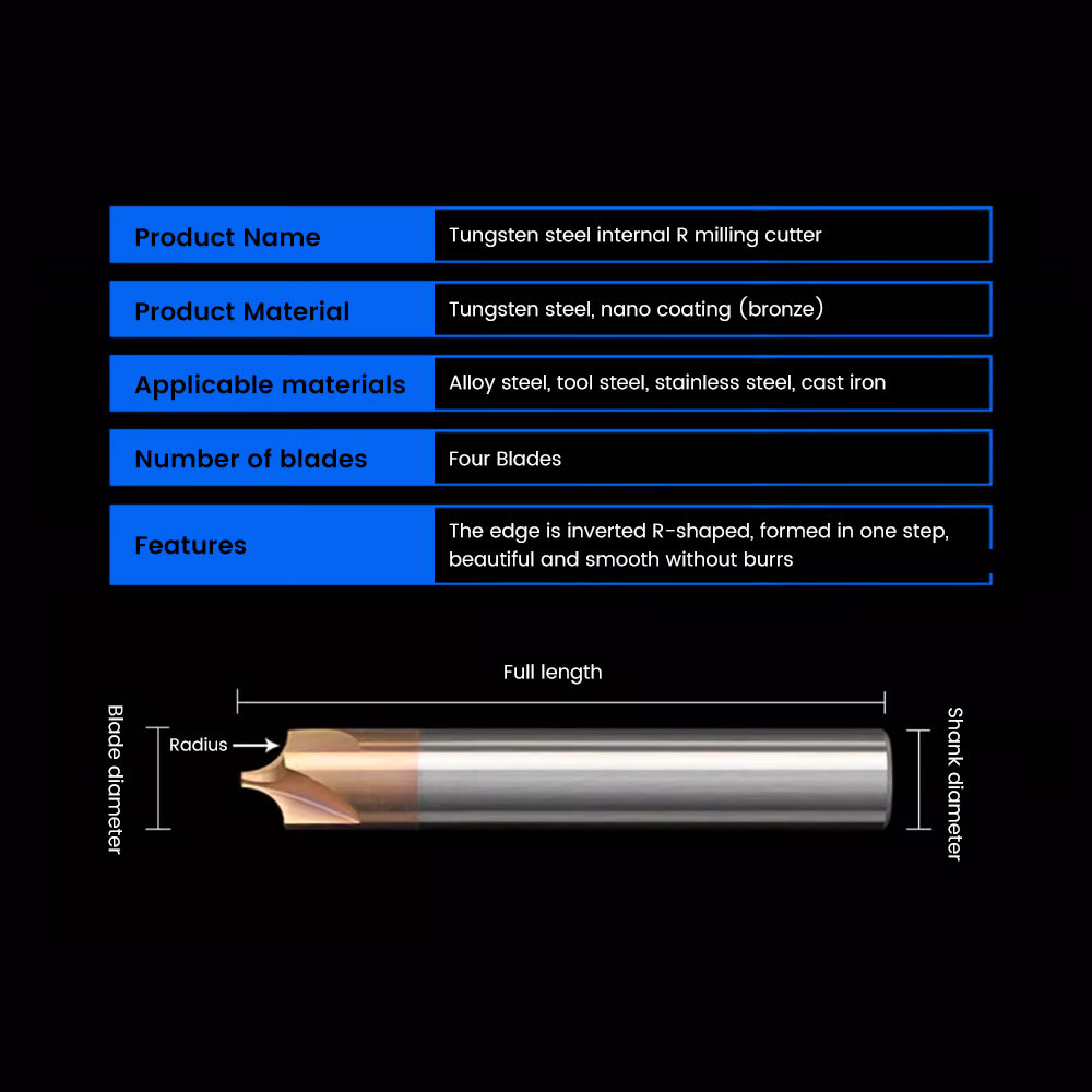 Tungsten Steel Alloy Inner Radius Cutter, End Mill R0.5, Aluminum Chamfering Cutter, Reverse Radius Edge Cutter, Carbide End Mill R1, R2, R3, R5