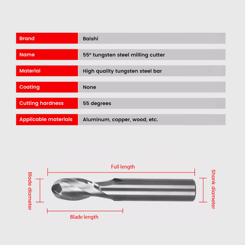55° Aluminum Ball Nose End Mill, Round Head, Ball Shape, High-Gloss, Alloy, Tungsten Steel, End Mill, Machining Center Tool