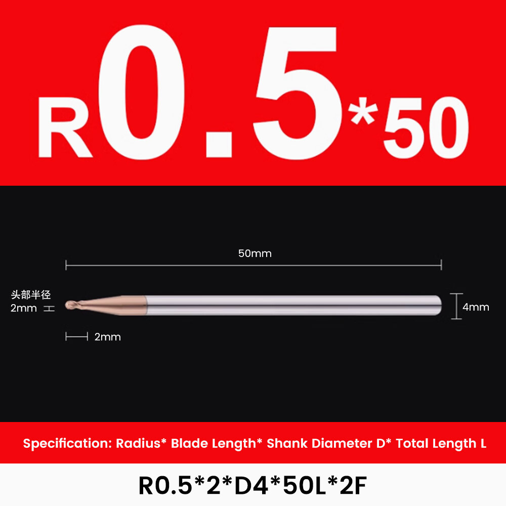 55° Tungsten Steel Ball Nose End Mill, Round Head, Ball Shape, 2-Flute, Extended, Machining Center Tool, Carbide End Mill