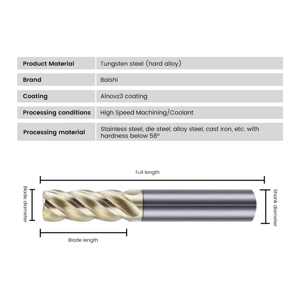 68° Round Nose End Mill, Unequal Spiral, Unequal Pitch, High-Efficiency U-Groove, Special for Stainless Steel and Titanium Alloy, Bullnose 10R0.5