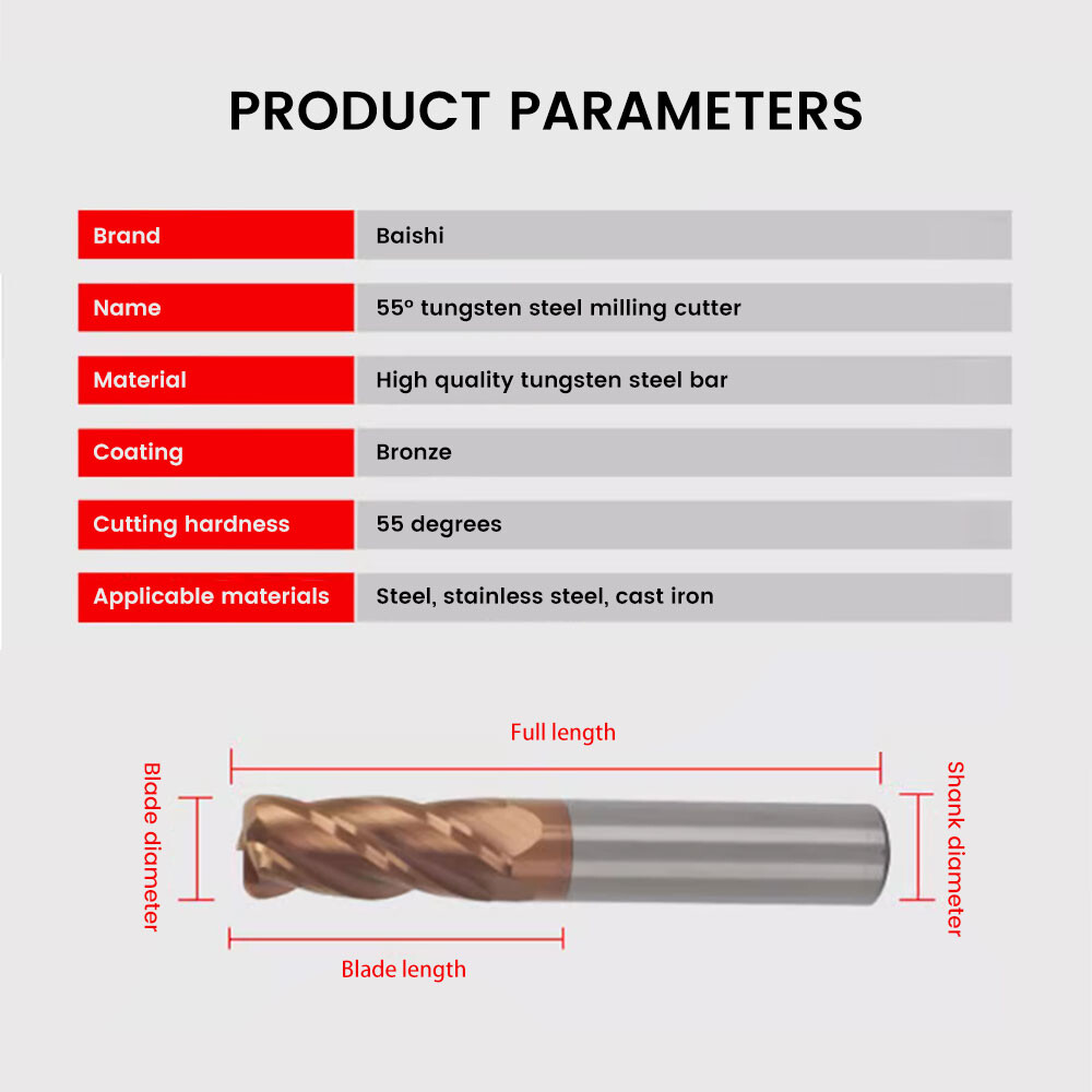 55° Tungsten Steel Alloy End Mill, 4-Flute, Extended, Bullnose Round Nose End Mill, Carbide Coated, D6R0.5, End Mill