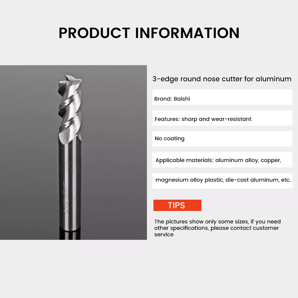 55° Aluminum Round Nose End Mill, Carbide Aluminum Alloy High-Gloss Special Tool, Tungsten Steel End Mill, 3-Flute, CNC Tool