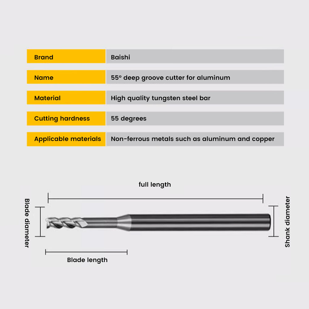 55° Tungsten Steel Aluminum Deep Groove Long Neck End Mill, 3-Flute, High-Gloss Mirror Finish, Chip Avoidance, Extended 1.0, 1.5, 2.0, 2.5mm