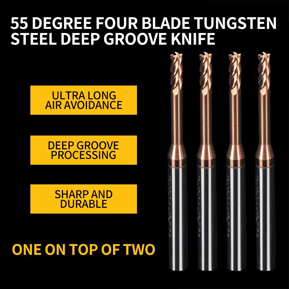 55° Tungsten Steel Long Neck Deep Groove Cutter, Chip Avoidance, Extended, Coated Alloy, 4-Flute, 1.0, 1.5, 2.0, 2.5mm Flat Bottom Cutter