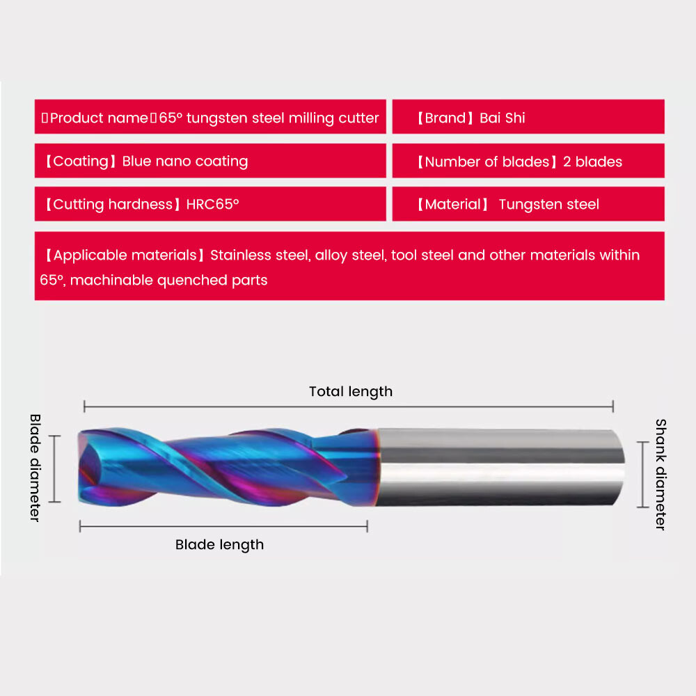 65° 2-Flute Tungsten Steel Alloy End Mill, Keyway Cutter, Extended, Hardened Stainless Steel Special, CNC Tool, Flat Bottom, High Hardness