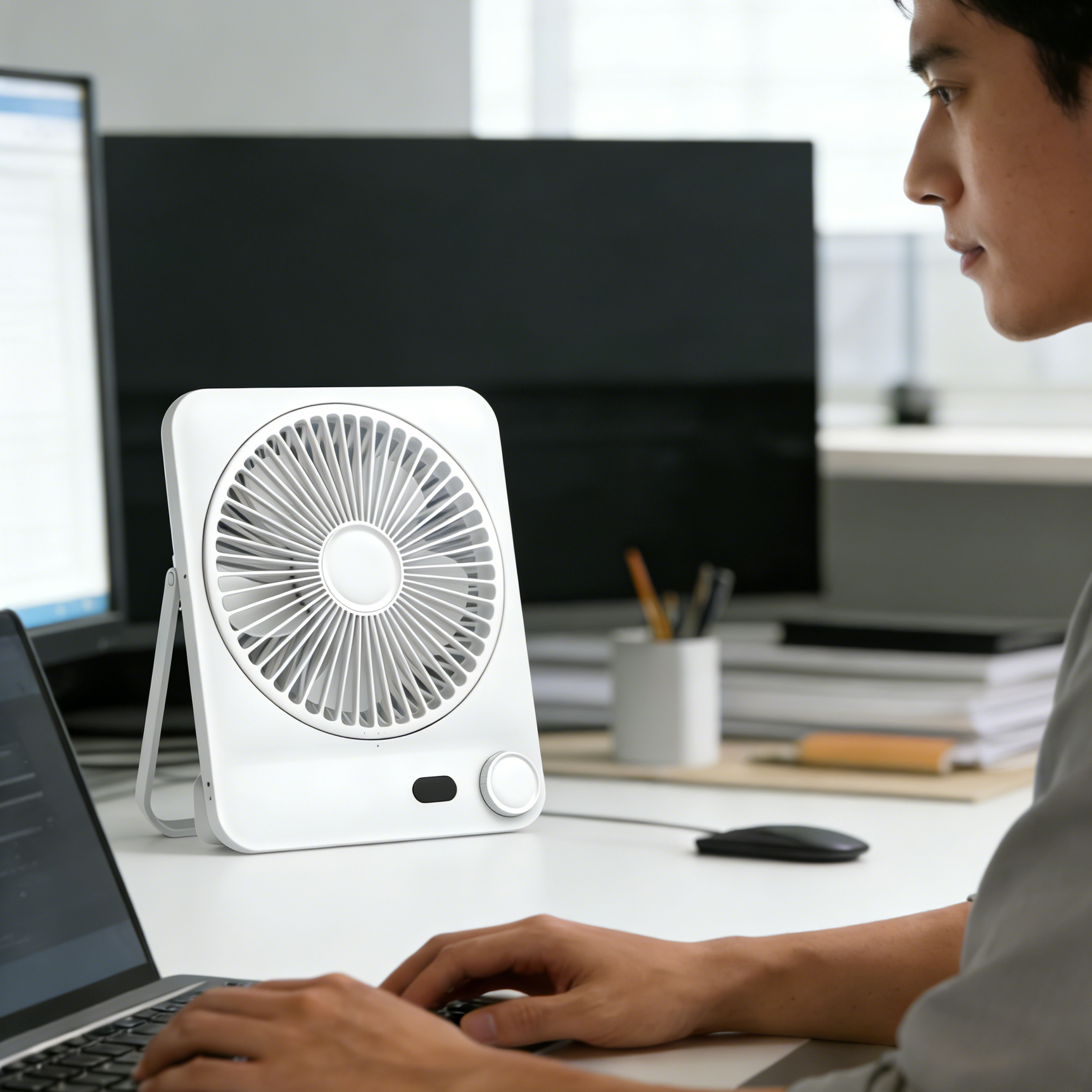Ultra-Thin Card-Sized Desktop Fan, Powerful & Quiet Portable, Essential for Office, Dorm & Camping, Adjustable Stand & Hanging Design