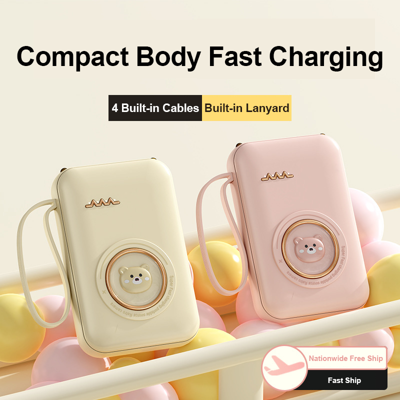 10000mAh Mini Power Bank Built-in 4 Cables Cute Bear Portable Charger  Charging Small & Lightweight Powerbank for Accessory Smartphone Chargeable