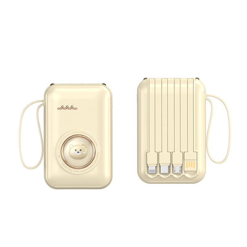 10000mAh Mini Power Bank Built-in 4 Cables Cute Bear Portable Charger  Charging Small & Lightweight Powerbank for Accessory Smartphone Chargeable