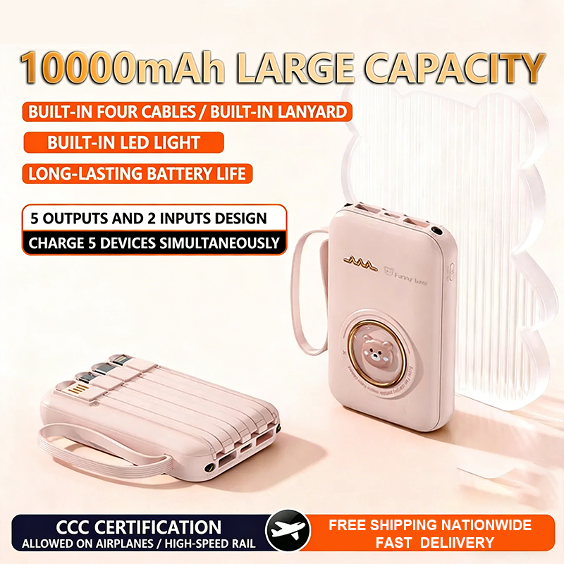 10000mAh Mini Power Bank Built-in 4 Cables Cute Bear Portable Charger  Charging Small & Lightweight Powerbank for Accessory Smartphone Chargeable