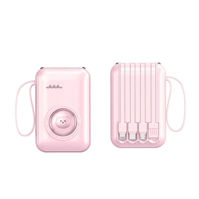 10000mAh Mini Power Bank Built-in 4 Cables Cute Bear Portable Charger  Charging Small & Lightweight Powerbank for Accessory Smartphone Chargeable