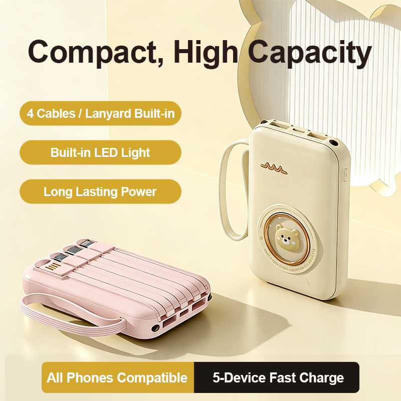 10000mAh Mini Power Bank Built-in 4 Cables Cute Bear Portable Charger  Charging Small & Lightweight Powerbank for Accessory Smartphone Chargeable