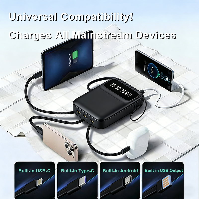 Portable Mini Power Bank with 4 Built-in CablesSmart LED Display , Travel Friendly