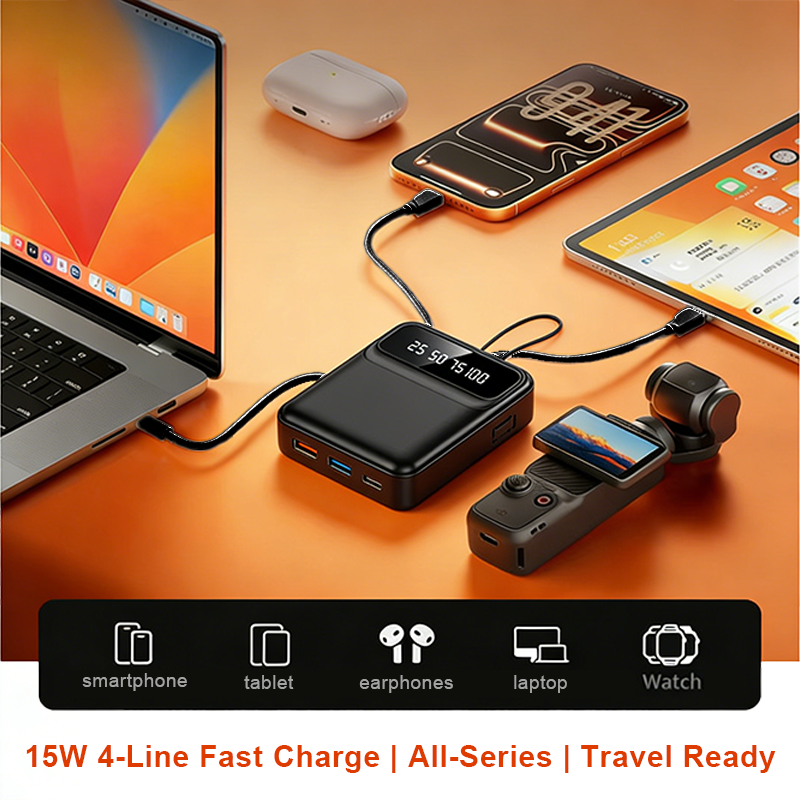 Portable Mini Power Bank with 4 Built-in CablesSmart LED Display , Travel Friendly