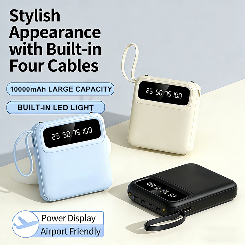 Portable Mini Power Bank with 4 Built-in CablesSmart LED Display , Travel Friendly