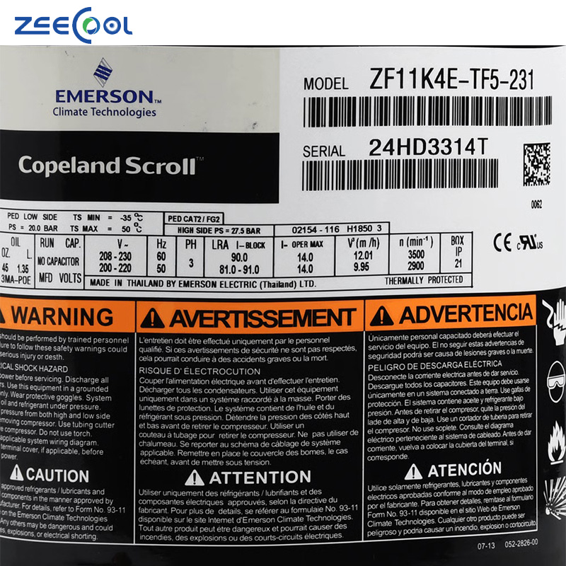 Copeland ZF11K4E-TF5-231 4HP Scroll Compressor for Low Temperature Cold Storage