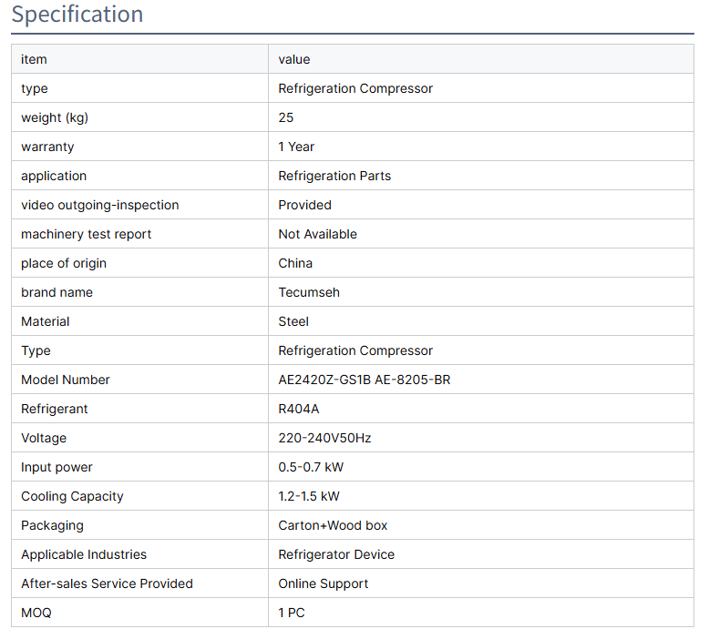 Wholesale Factory-Supplied Piston Refrigeration Compressor AE2420Z-GS1b R4O4A Steel Condenser for Cooling Restaurants Hotels