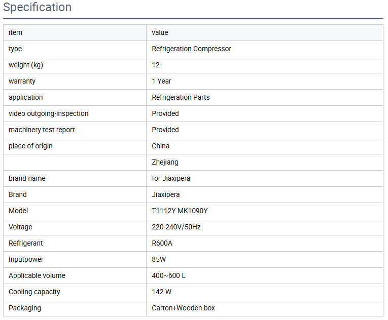 Jiaxi-pera High Quality 220-240V 50HZ R600A T1112Y Refrigeration Compressor for Refrigerator