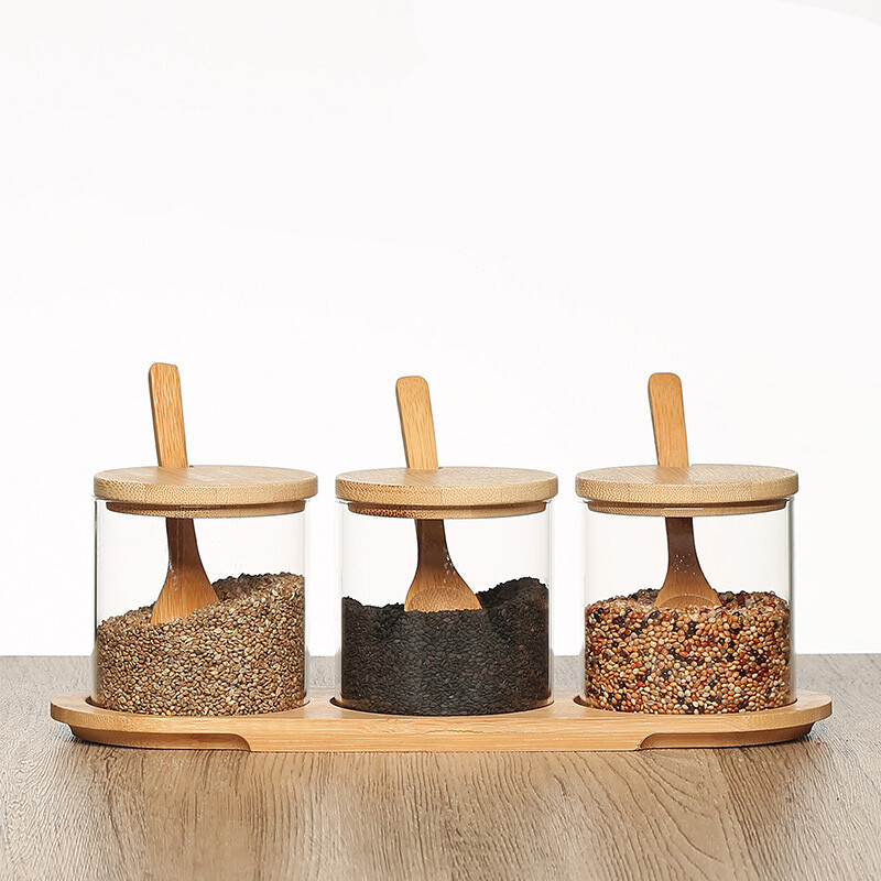 bulk sale Spice usage 5oz round Storage container with natural bamboo wood cover and spoon for kitchen spices party supplies