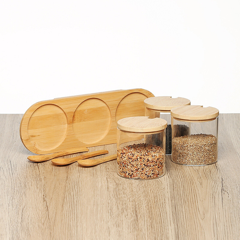 bulk sale Spice usage 5oz round Storage container with natural bamboo wood cover and spoon for kitchen spices party supplies