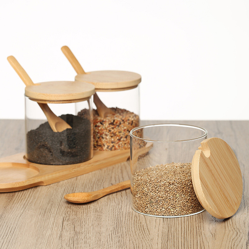 bulk sale Spice usage 5oz round Storage container with natural bamboo wood cover and spoon for kitchen spices party supplies