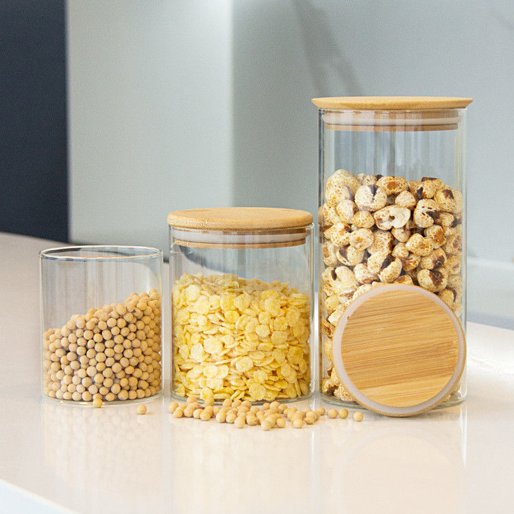 Clear Handmade high Borosilicate Glass Spice Jar With Bamboo Lid