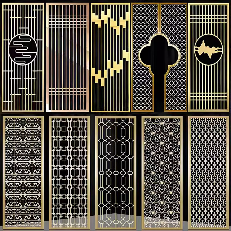 Stainless steel screen, living room, entrance hall, hotel grille, hollow new Chinese-style light luxury lattice metal partition customization