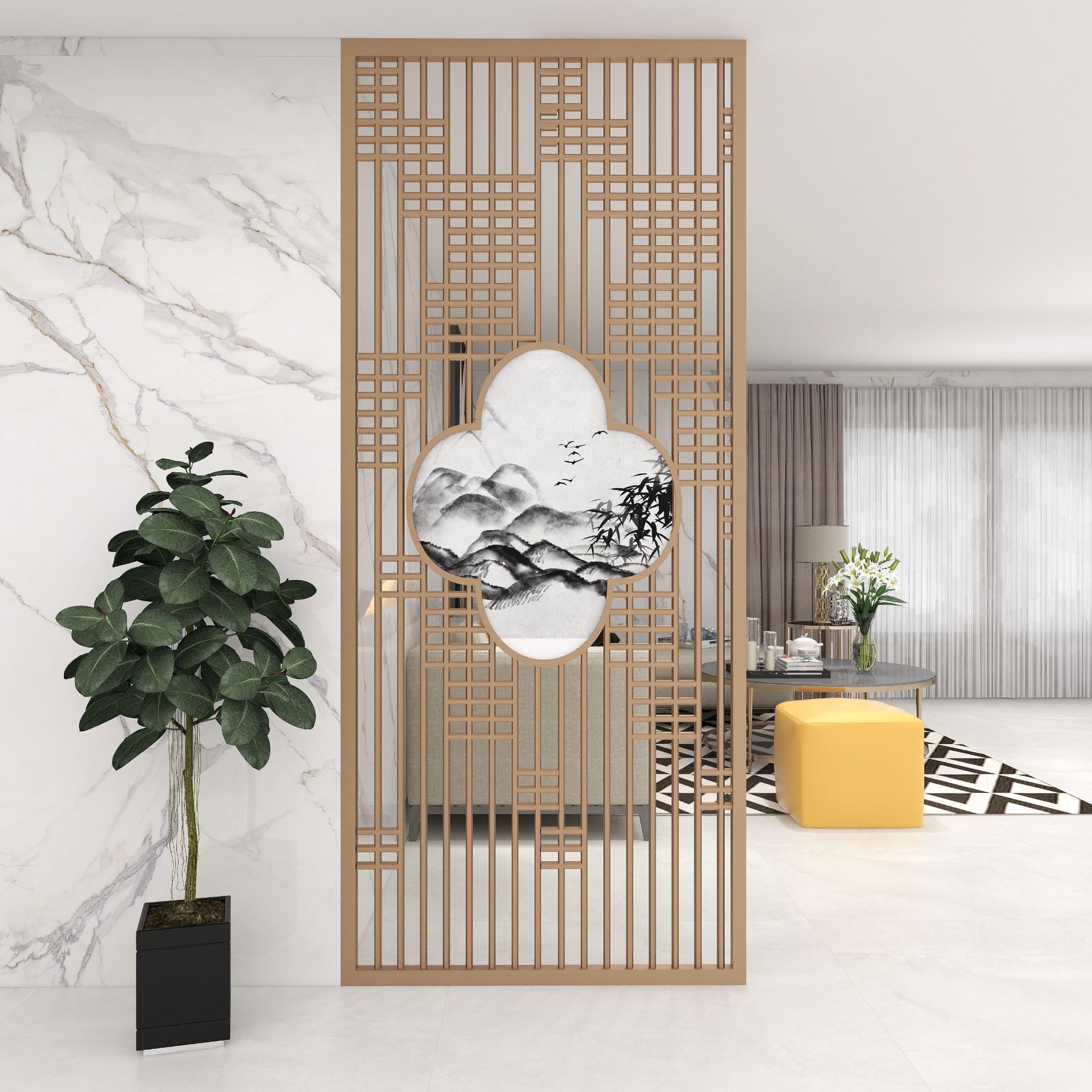 New Hotel Yellow, Titanium, Stainless Steel, Metal Screen, Lazette Partition, Chinese Background Wall, Aluminum Alloy, Laser Engraving