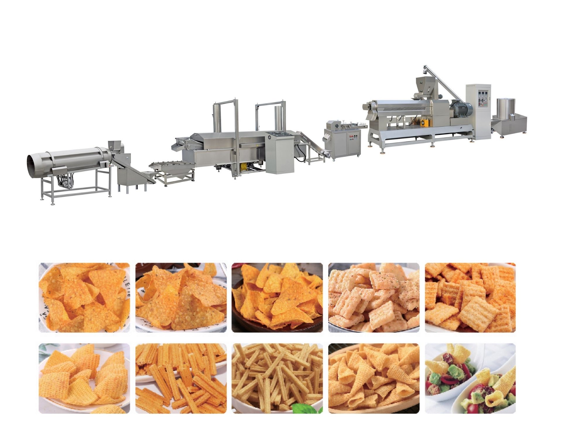 Doritos, rice crackers, salads, and Cheetos production lines