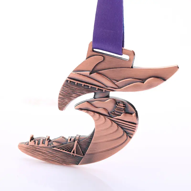 Rotatable City Scenery Medal, Antique Bronze Irregular Wave Shaped Ancient Pagoda and Bridge Relief City Marathon Finisher Metal Tag