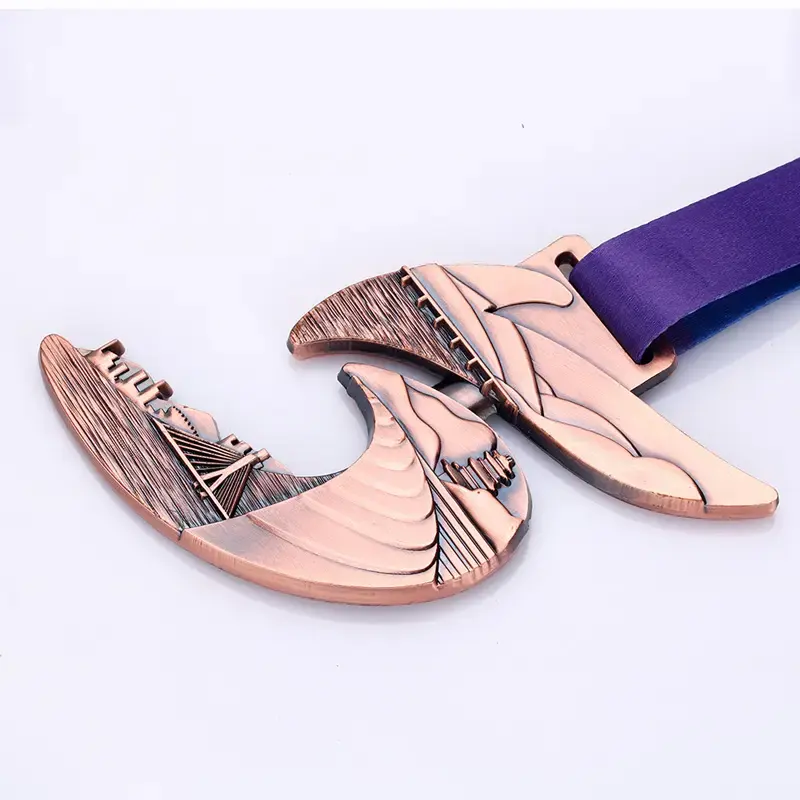Rotatable City Scenery Medal, Antique Bronze Irregular Wave Shaped Ancient Pagoda and Bridge Relief City Marathon Finisher Metal Tag