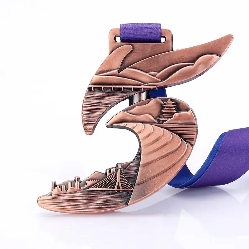 Rotatable City Scenery Medal, Antique Bronze Irregular Wave Shaped Ancient Pagoda and Bridge Relief City Marathon Finisher Metal Tag