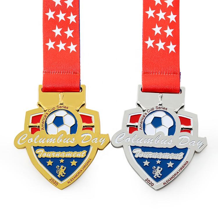 Shield-shaped football tournament medal, gold and silver electroplated enamel craftsmanship, Columbus Day tournament commemorative metal medal.
