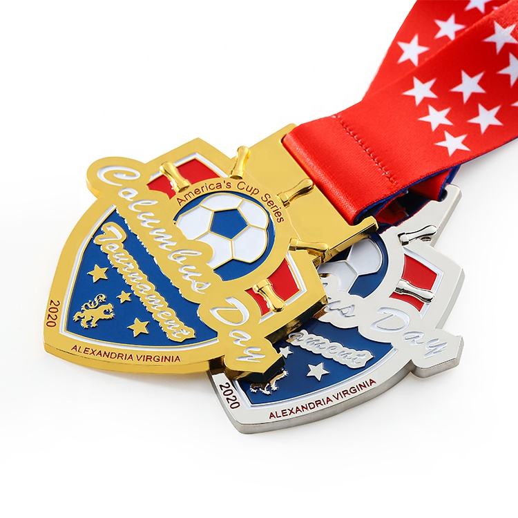 Shield-shaped football tournament medal, gold and silver electroplated enamel craftsmanship, Columbus Day tournament commemorative metal medal.