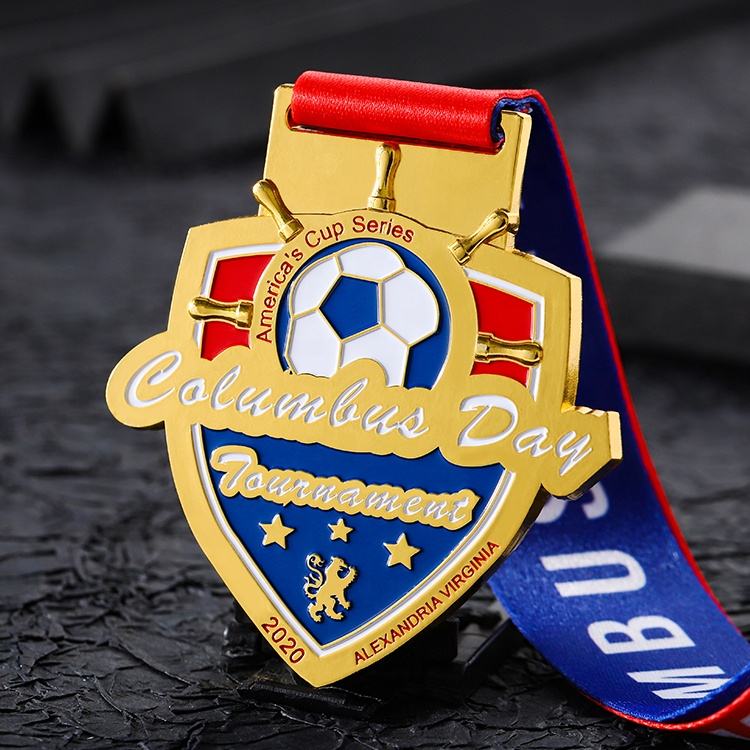 Shield-shaped football tournament medal, gold and silver electroplated enamel craftsmanship, Columbus Day tournament commemorative metal medal.