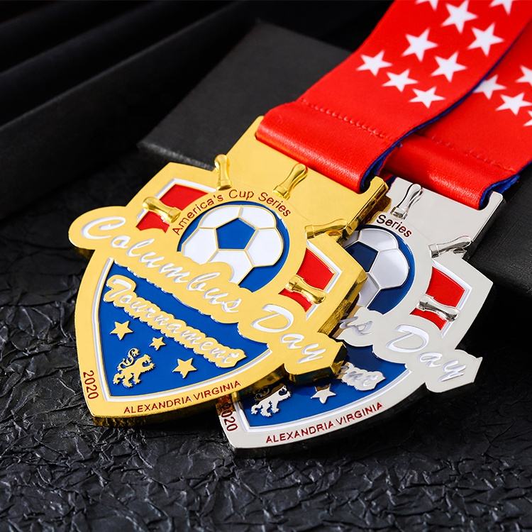 Shield-shaped football tournament medal, gold and silver electroplated enamel craftsmanship, Columbus Day tournament commemorative metal medal.