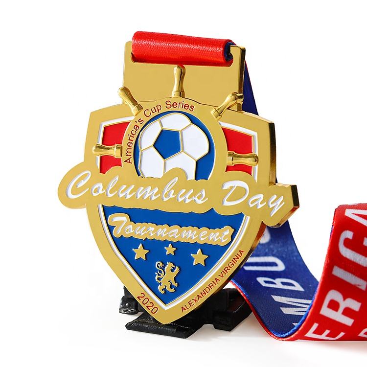 Shield-shaped football tournament medal, gold and silver electroplated enamel craftsmanship, Columbus Day tournament commemorative metal medal.
