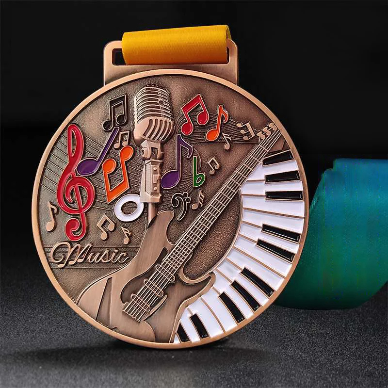 Round retro music competition medal, electric guitar, piano keyboard, musical notes, microphone embossed metal medal for cultural performances, customizable.