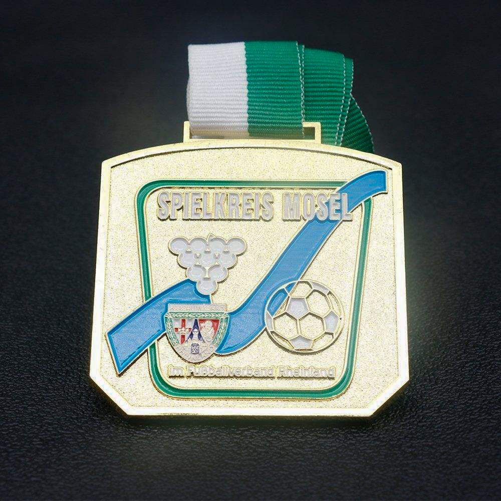 Square rounded corner gold football medal, enamel German league metal commemorative plaque, customizable.