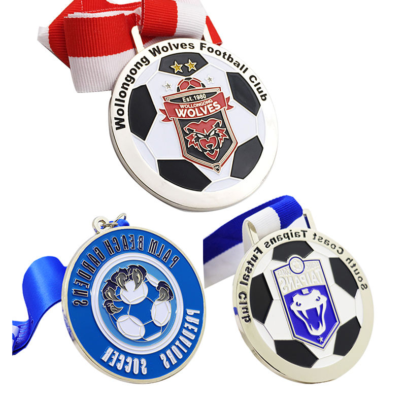 Gold, silver, and bronze tricolor football medals, 3D relief-carved football player event metal plaques, engraving available.