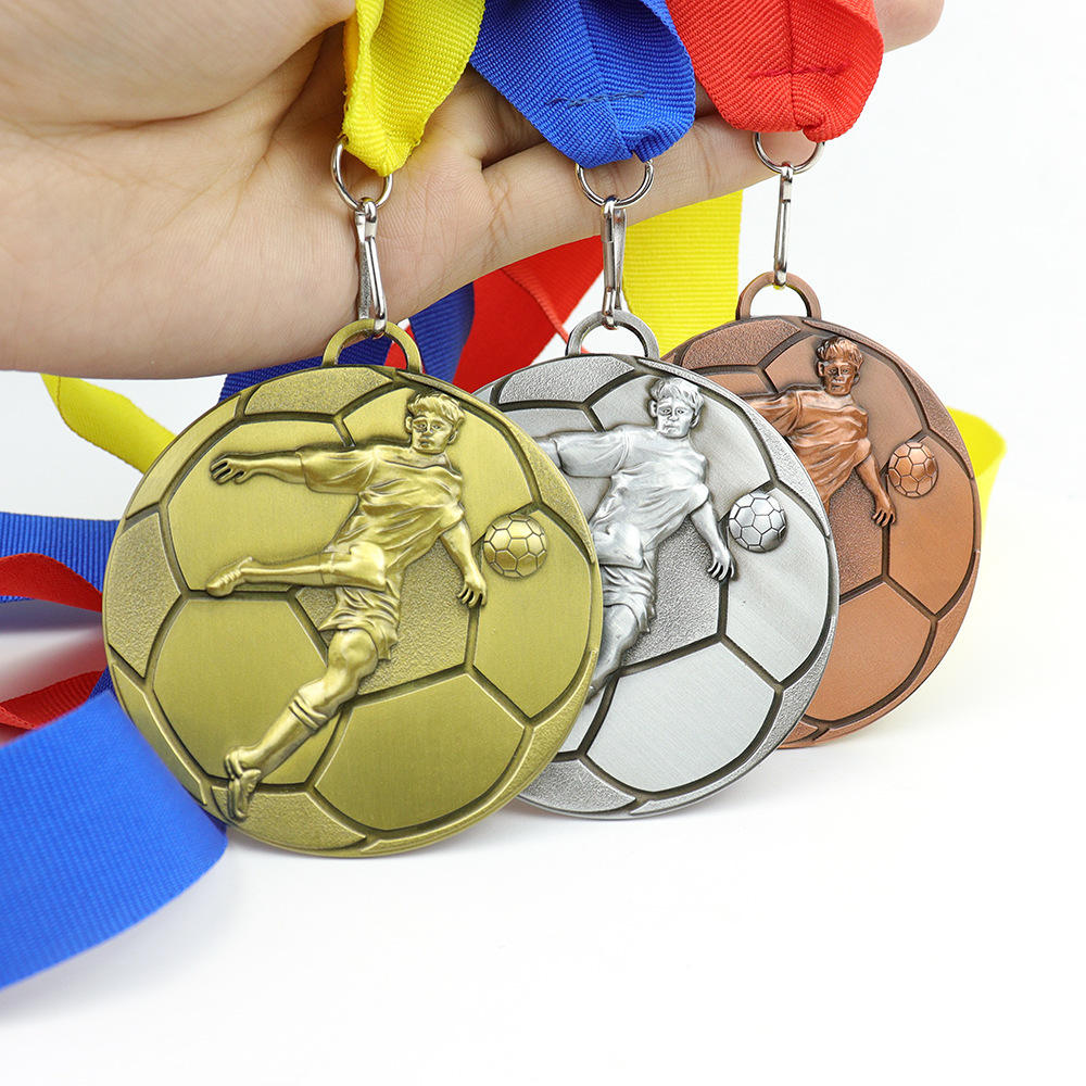 Gold, silver, and bronze tricolor football medals, 3D relief-carved football player event metal plaques, engraving available.