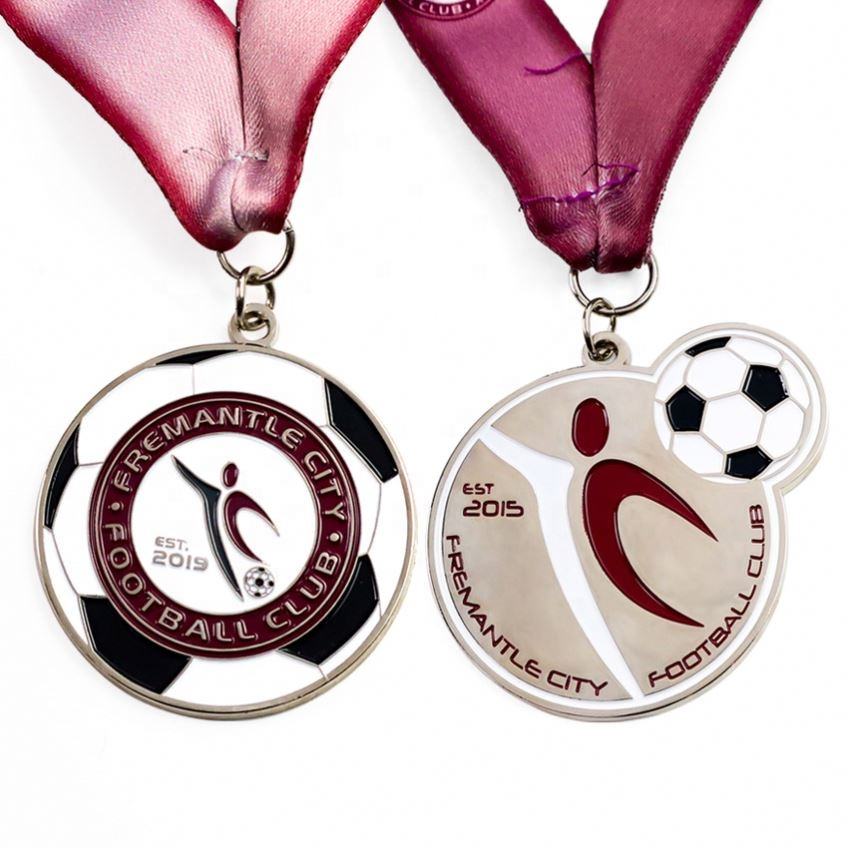 Gold, silver, and bronze tricolor football medals, 3D relief-carved football player event metal plaques, engraving available.