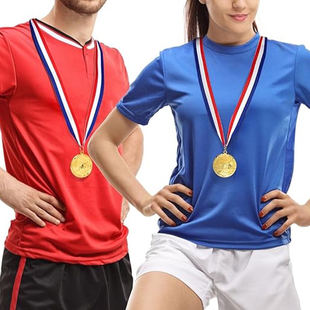 Gold embossed football medal with goal and football design; blank back with engraving option; event metal tag.