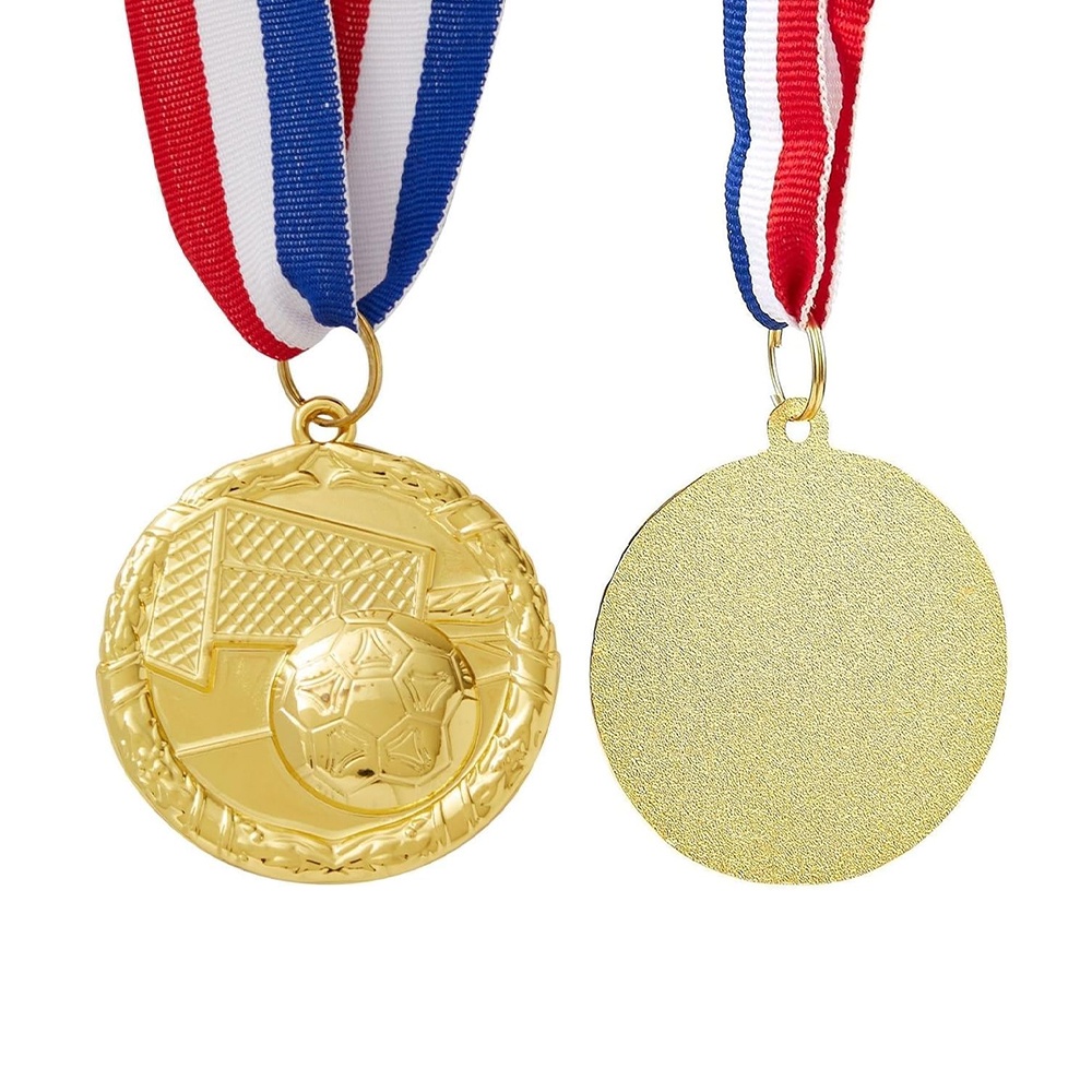 Gold embossed football medal with goal and football design; blank back with engraving option; event metal tag.