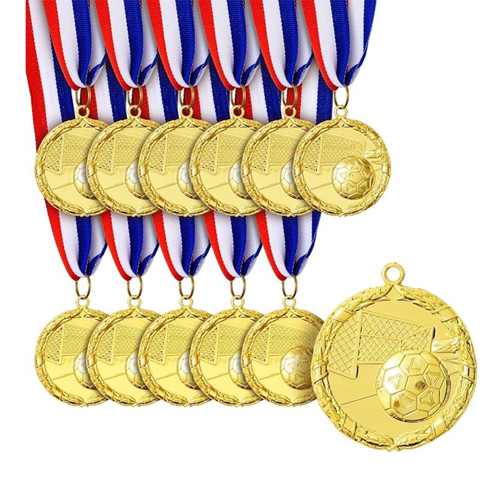 Gold embossed football medal with goal and football design; blank back with engraving option; event metal tag.