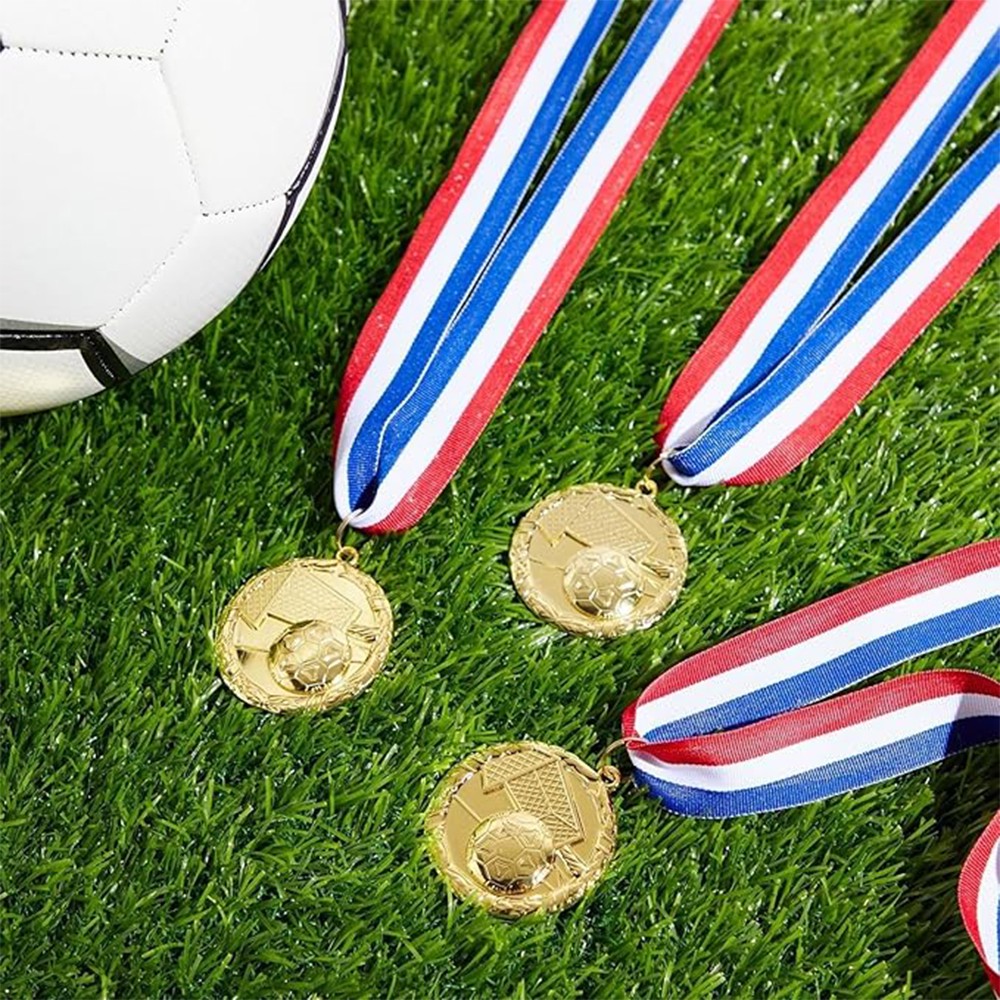Gold embossed football medal with goal and football design; blank back with engraving option; event metal tag.