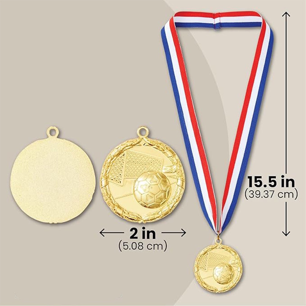Gold embossed football medal with goal and football design; blank back with engraving option; event metal tag.