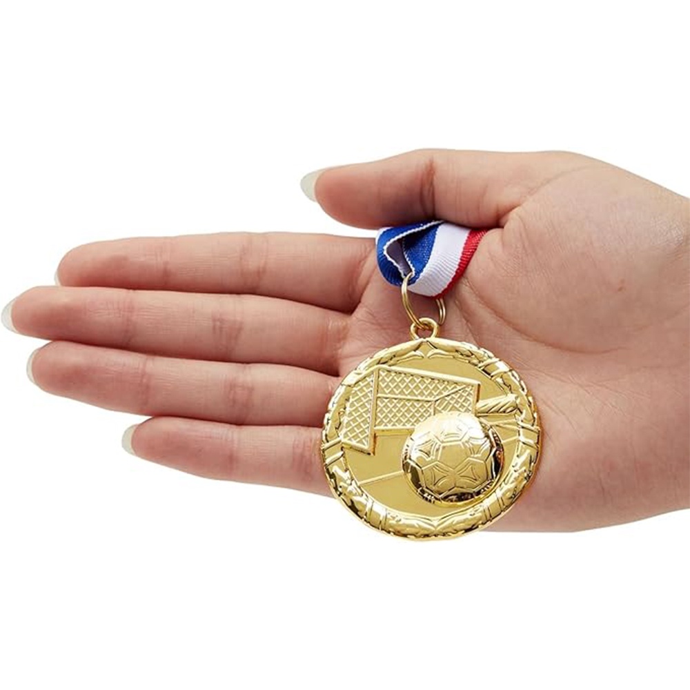 Gold embossed football medal with goal and football design; blank back with engraving option; event metal tag.