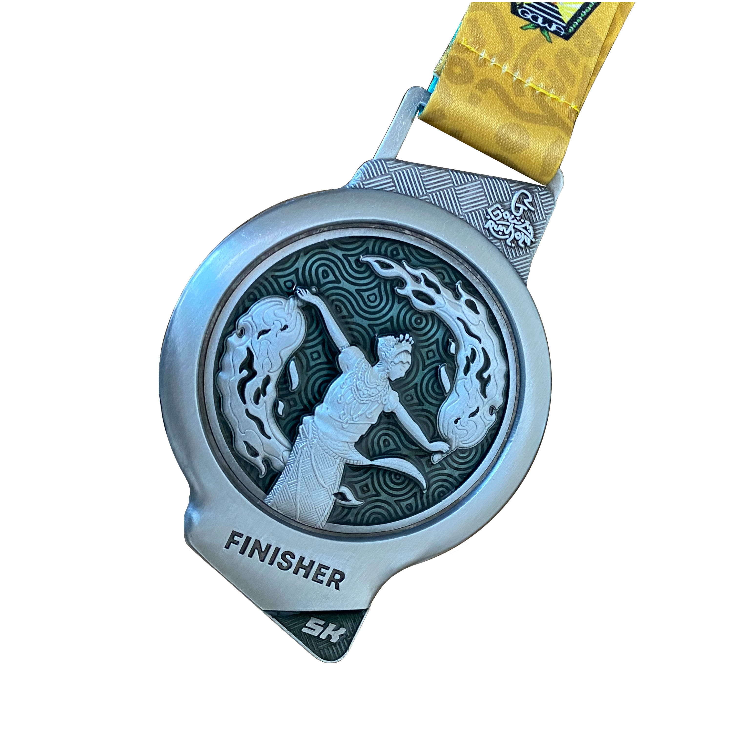 Antique silver relief 10th anniversary running medal, architectural landscape enamel marathon event irregularly shaped commemorative plaque, custom-made.